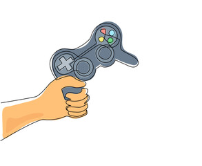 Single continuous line drawing hand holding video game console. Logo template for the gaming community. Players keep their gaming joysticks in their hands. One line draw design vector illustration