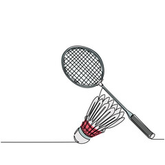 Continuous one line drawing badminton racket and white shuttlecock. Equipments for badminton game sport isolated on background in flat design. Racket and shuttlecock. Single line draw design vector