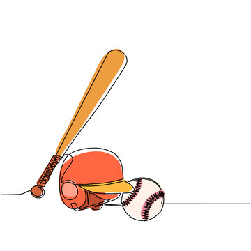 Continuous one line drawing baseball and softball label. Ball and helmet with wooden bat. Sporting symbol and mascot. Variety of baseball equipment: bat, ball, helmet. Single line draw design vector
