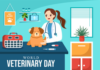 World Veterinary Day on April 29 Illustration with Doctor and Cute Animals Dogs or Cats in Flat Cartoon Hand Drawn for Landing Page Templates