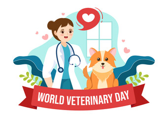 World Veterinary Day on April 29 Illustration with Doctor and Cute Animals Dogs or Cats in Flat Cartoon Hand Drawn for Landing Page Templates