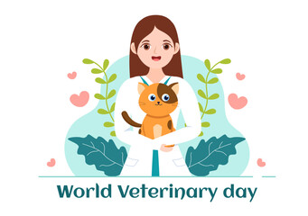 World Veterinary Day on April 29 Illustration with Doctor and Cute Animals Dogs or Cats in Flat Cartoon Hand Drawn for Landing Page Templates