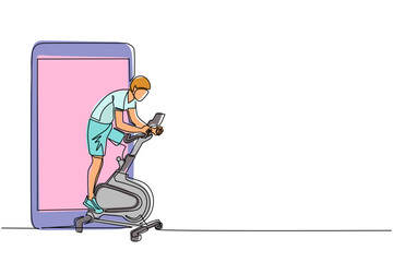 Continuous one line drawing man riding stationary bicycle and smartphone. Stationary bike. Static bike sports men in the gym, sports and health, fitness. Single line draw design vector illustration