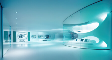 A Blue tinted futuristic white room encompassed by glass and windows modern interior generative ai photo
