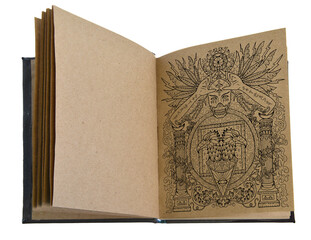 Old book page with hand drawn mystic illustration and symbols for witch magic spell against paper background. Gothic, occult and esoteric concept with copy space. 