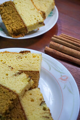 Stock photo of soft and sweet cake and some drinks