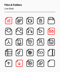 Customizable set of file and folder icons covering different file types and functions. Perfect for apps and websites interfaces, digital products, presentations, databases, etc