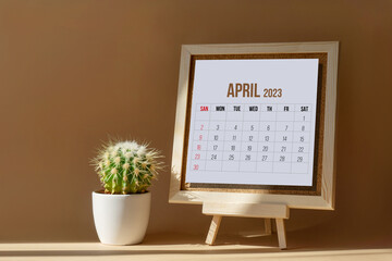 April 2023. Calendar for month on wooden stand next to cactus in white pot. Sheet of white paper...