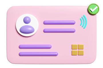 3d Id card icon with checkmark, WiFi isolated. human resources, plastic card, Job search, verify identity concept, 3d render illustration