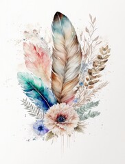 water color, boho lines, feather, flowers, soft colors, minimalist, full no frame, white background, AI assisted finalized in Photoshop by me