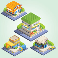 isometric house icon set building