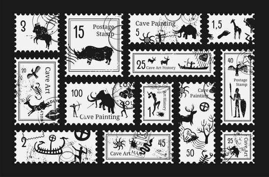 Cave art stamp ancient history painting black grunge vintage postmark set vector illustration