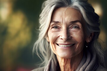 Naklejka premium Beautiful smiling senior caucasian woman looking at the camera.. close up face headshot portrait , Generative AI