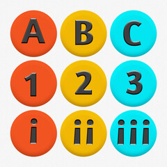 An 3D illustration of an abstract colorful shapes with ABC and 123 etc isolated on white background