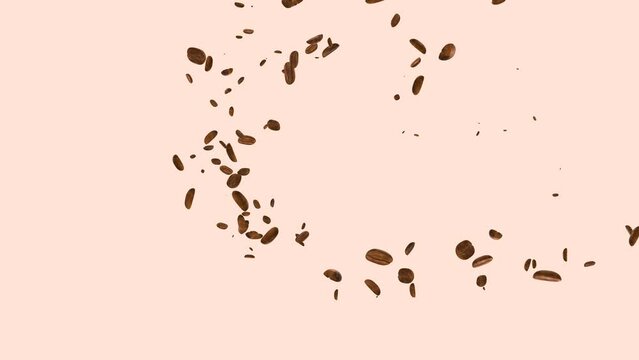 High quality animation coffee beans flying footage. Abstract transparent background