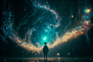 A child looks into a portal leading to nebula supernova