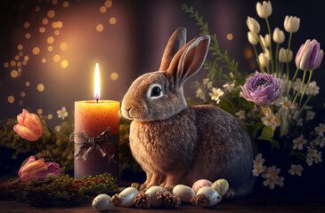 Fototapeta na wymiar Easter day celebration with rabbit, eggs, flowers and bokeh background with candle light dinner. Generative AI.