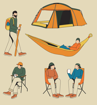 Camp Activity, Iying on Hammock, Sit Relax While Drinking, Sitting Relaxing While Drinking While Chatting, 
