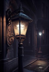 Fototapeta na wymiar Close-up illustration of street lamp in the night. Generative art 