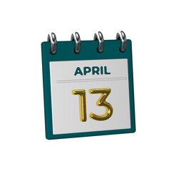 Monthly Calendar 13 April 3D render