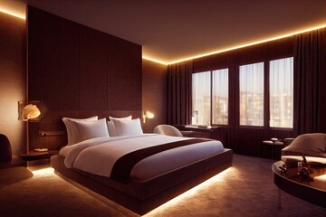 Fototapeta premium Luxury modern style bedroom, Interior of a hotel bedroom. Generative AI illustration