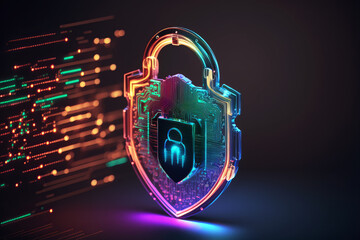 Abstract holographic neon padlock cyber security symbol. Technology network data protection concept. Generative AI illustration