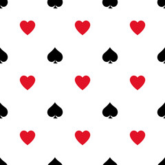 Seamless pattern background made with Poker playing cards suit of Spades and Hearts symbol in black  and red isolated on white background