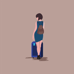 Girl walking around airport with travel suitcase.
Portrait of young traveler woman  showing back, posing and waiting, looking back. Holding a blue suitcase.