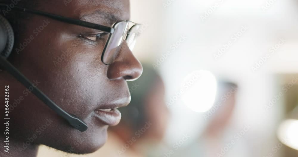 Aufkleber telemarketing black man face and consulting for technical support, call center and crm. salesman, co