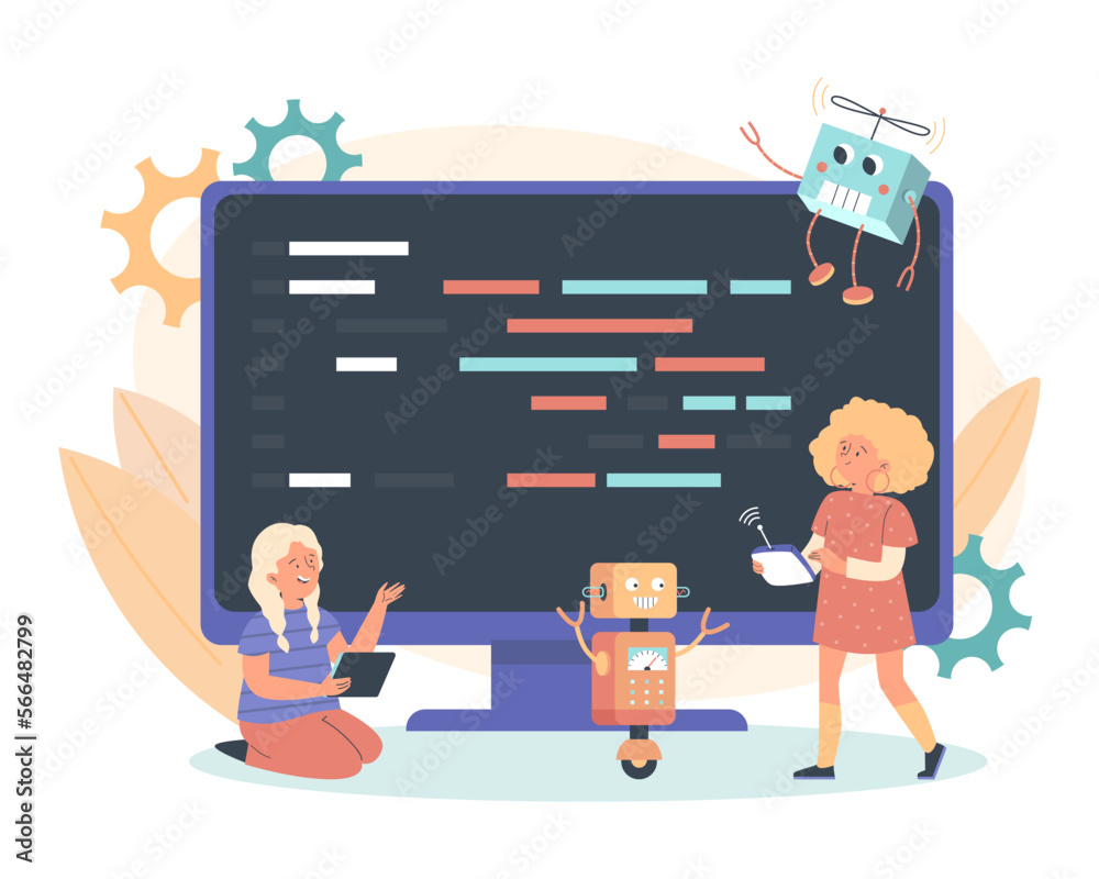 Wall mural robotics and programming lessons for kids banner, vector illustration isolated.