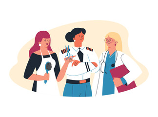 Women professionals in enforcement and service industries, flat vector isolated.