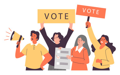 People voting holding ballot box and calling for vote, flat vector isolated.