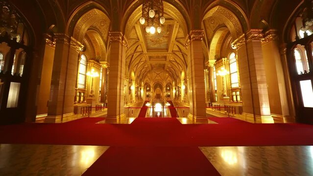 Famous stairs inside Hungarian parliament building in Budapest. Capital of Hungary. Historic attraction landmark, travel destination in Europe.