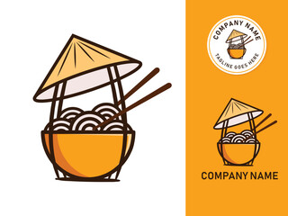 The yellow bowl Noodles with chopstick logo design template