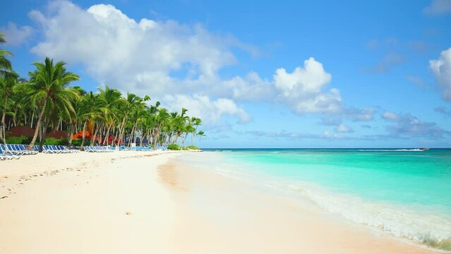 Turquoise sea waves on a white sand beach of a tropical island. Ocean coastline nature landscape with palm trees. Caribbean sea and sky. Blue sun loungers on white sand. Travel to tropical paradise.