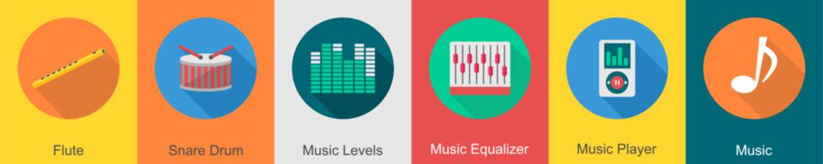 A set of 6 music icons as flute, snare drum, music levels