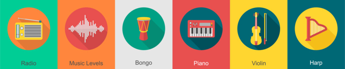 A set of 6 music icons as radio, music levels, bongo