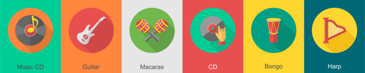 A set of 6 music icons as music cd, guitar, macaras