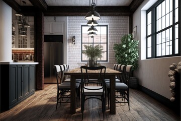 Dining Room Interior Design Industrial Elegance Series: White brick walls, raw wood surfaces and exposed ductwork, with a touch of black metal detailing. Generative AI
