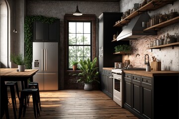 Kitchen Interior Design Industrial Elegance Series: White brick walls, raw wood surfaces and exposed ductwork, with a touch of black metal detailing. Generative AI
