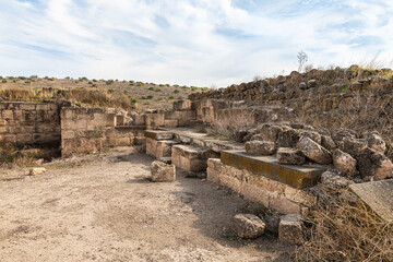 The ruins  of the fortress wall of the Ateret fortress - Metzad Ateret - Qasr Atara - located next to the ford of the Jacob daughters on the Jordan River, in northern Israel