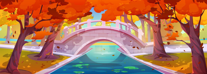 Autumn park landscape with bridge over pond, grass and trees with orange foliage. Forest or garden with stone bridge and river or canal in fall, vector cartoon illustration