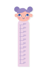 Children height chart with girl. Poster or banner for website. Education and learning, meter and large ruler to measure height and size of babies. Cartoon flat vector illustration