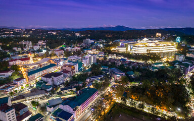 Fototapeta na wymiar Baguio City, Philippines - Aerial of Baguio Catherdral, buildings along session road, and SM.