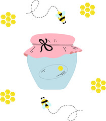 Sweet jar with honey. Vector image of bees and honey. Sweet Life. 