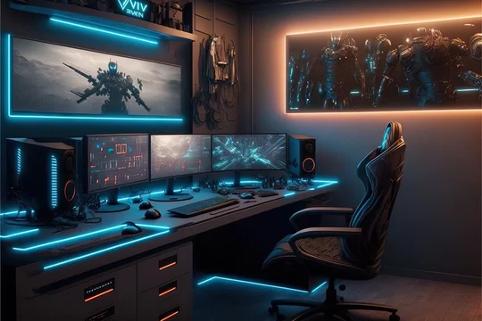 Spectacular gaming room interior, gaming pc, gaming desk, game setup room,  tv, desk for five People, futuristic, LED lights, cyberpunk color.  Generative AI 23487185 Stock Photo at Vecteezy