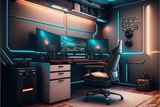 Spectacular Gaming Room Interior, Gaming Pc, Gaming Desk, Game Setup Room, Tv, Desk For Five People, Futuristic, LED Lights, Cyberpunk Color. Generative AI