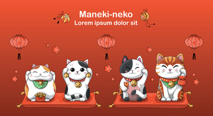 Maneki neko text. Asian culture and traditions. Wealth and luxury, decoration for apartments and houses. Cat toy, kitten. Poster or banner. Cartoon flat vector illustration