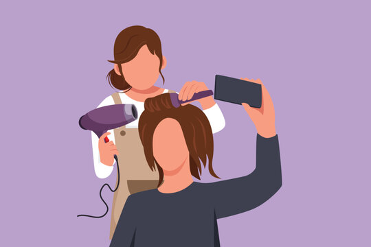 hairdresser styling hair, taking selfie clip art preview
