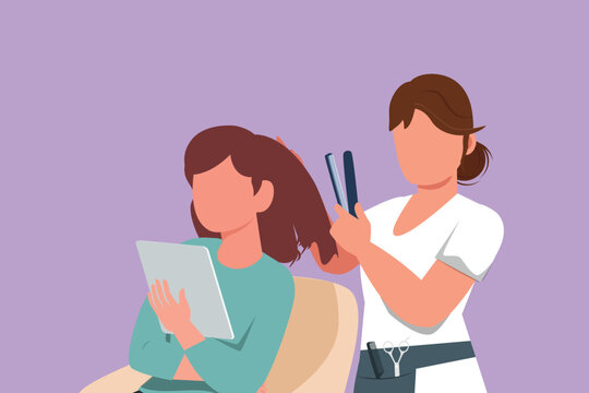 hairdresser straightening hair, client using tablet clip art preview